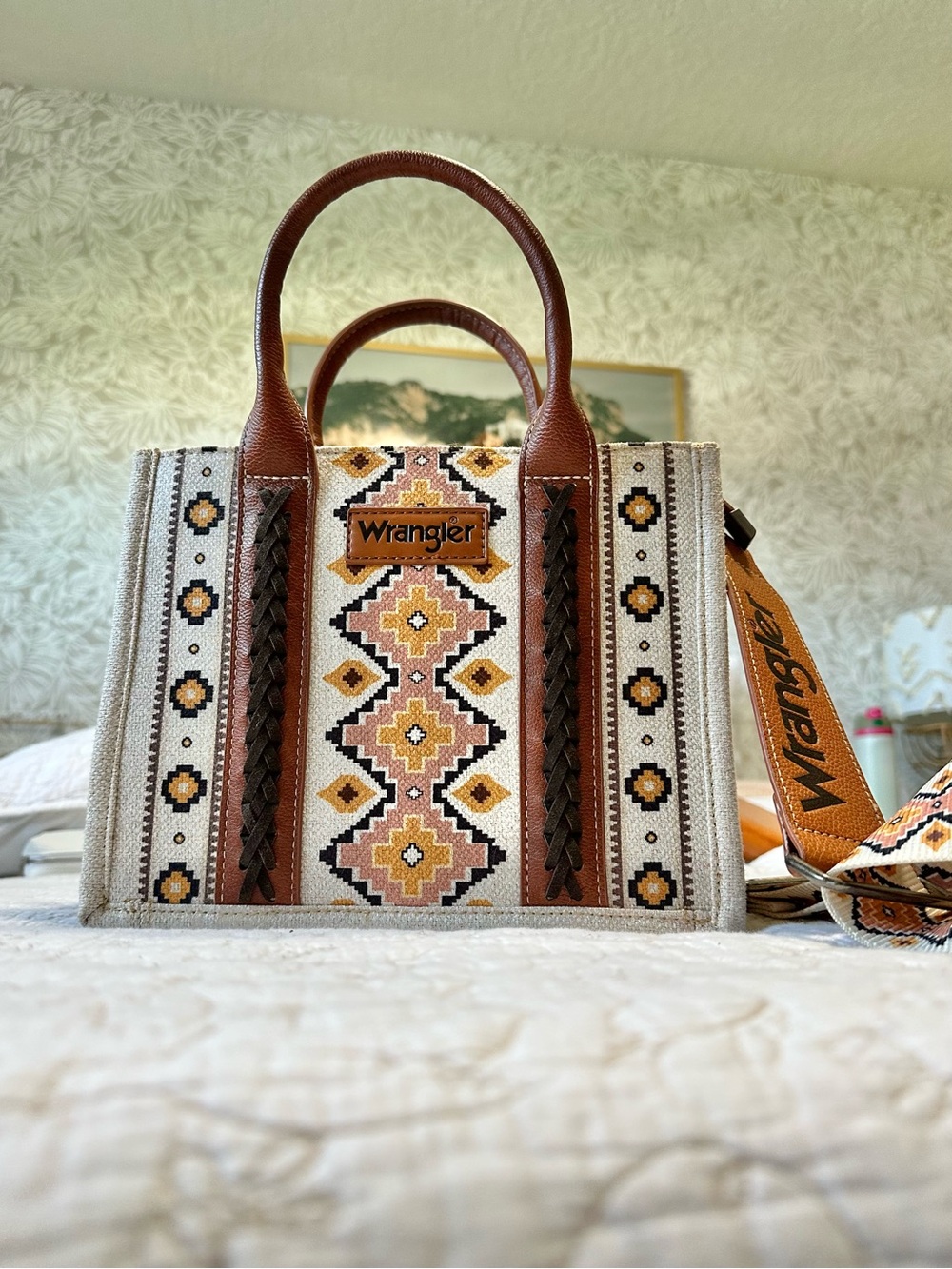 Wrangler x Montana West Southwestern Aztec Canvas Crossbody Tote Bag